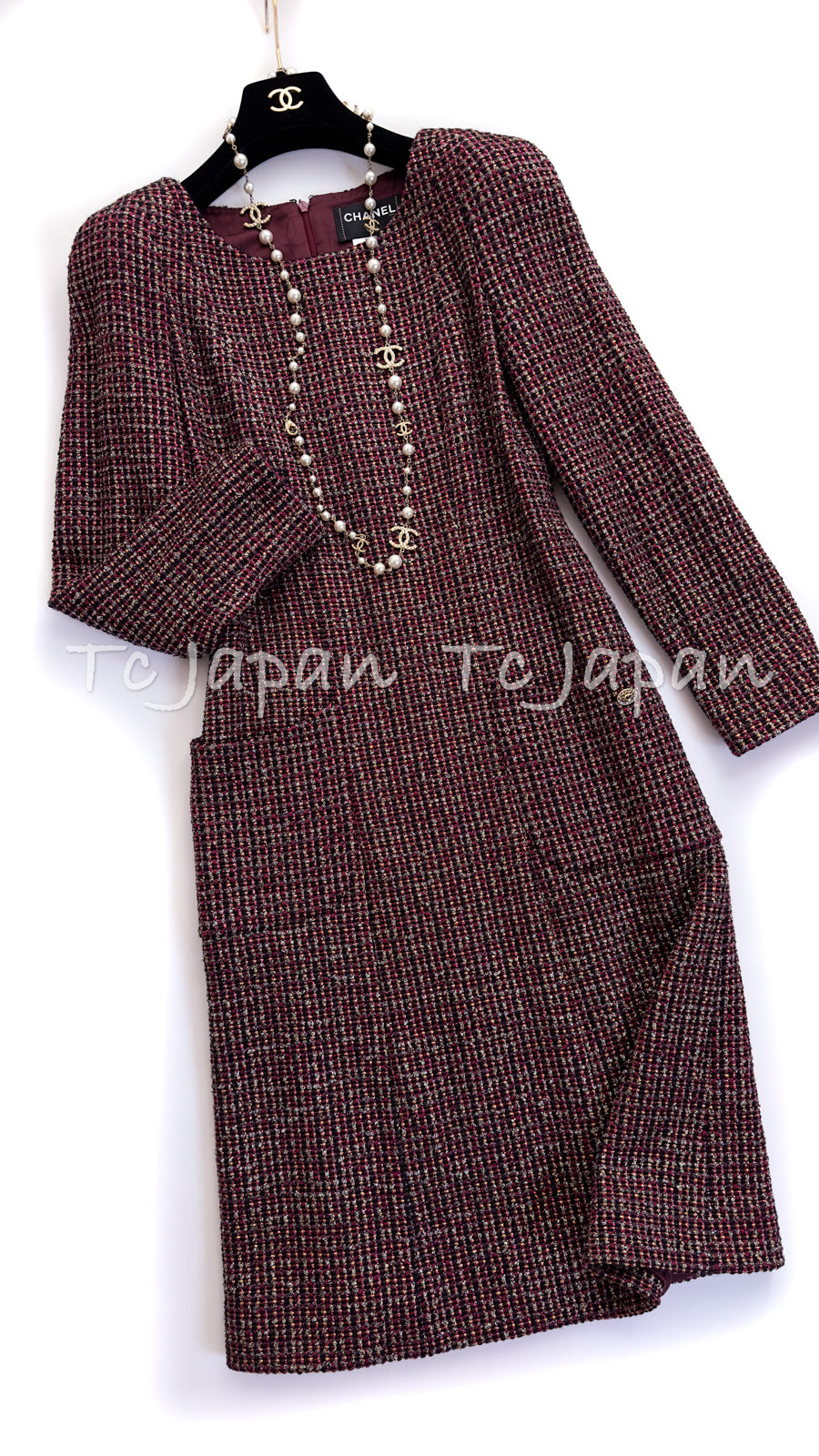 CHANEL 12PF Burgundy Wine Red Gold Silver Tweed Dress 36 シャネル バーガンディー ワインレッド ゴールド シルバー ツイード ワンピース 即発
