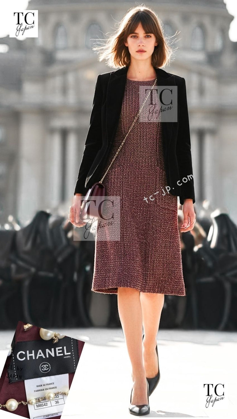 CHANEL 12PF Burgundy Wine Red Gold Silver Tweed Dress 36 シャネル バーガンディー ワインレッド ゴールド シルバー ツイード ワンピース 即発