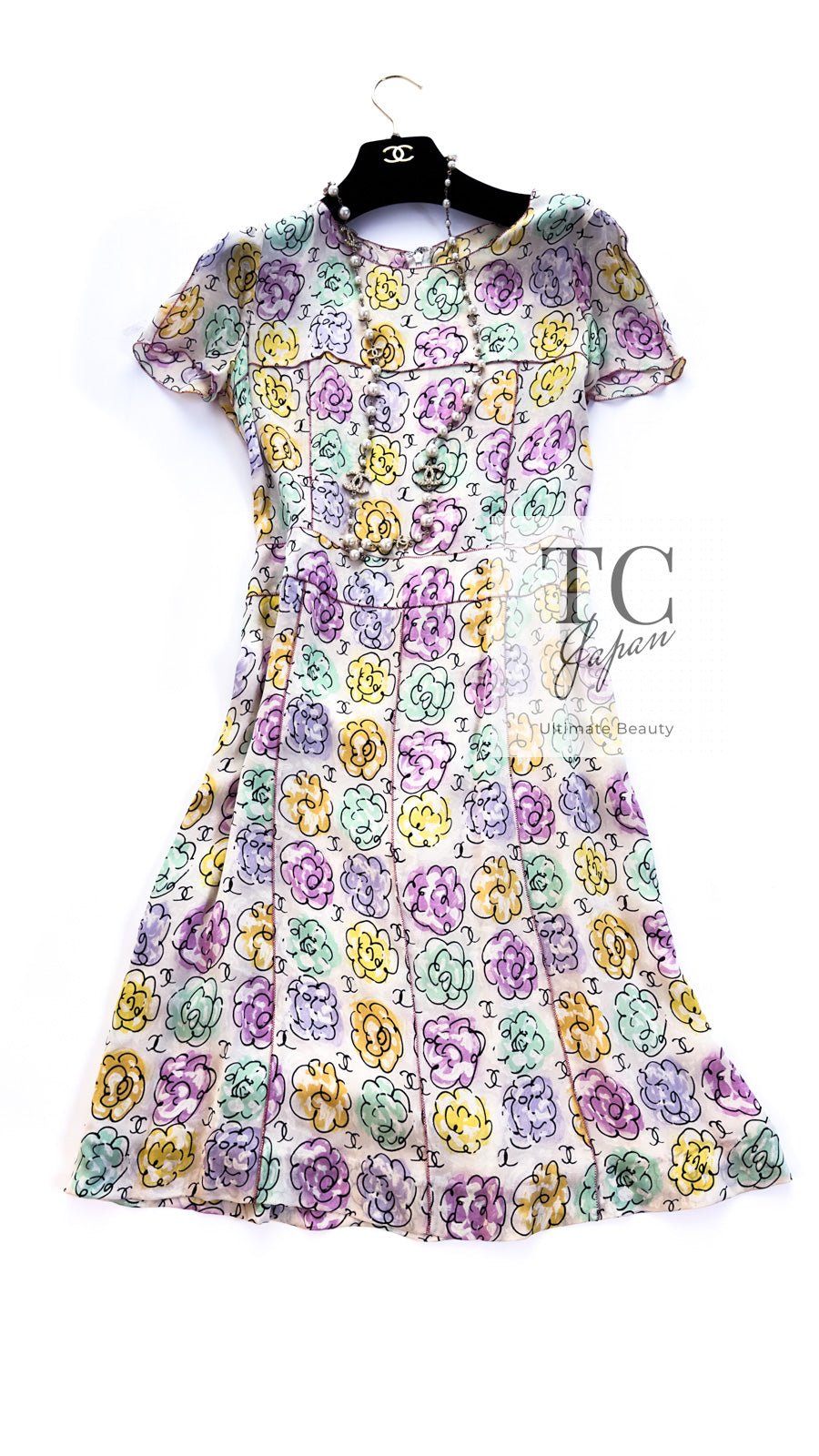 CHANEL 98S Vintage CC Logo Floral Pattern Ivory Silk 100% Dress 36 38 シャネル ヴィンテージ CCロゴ 花柄 アイボリー シルク100% ワンピース 即発