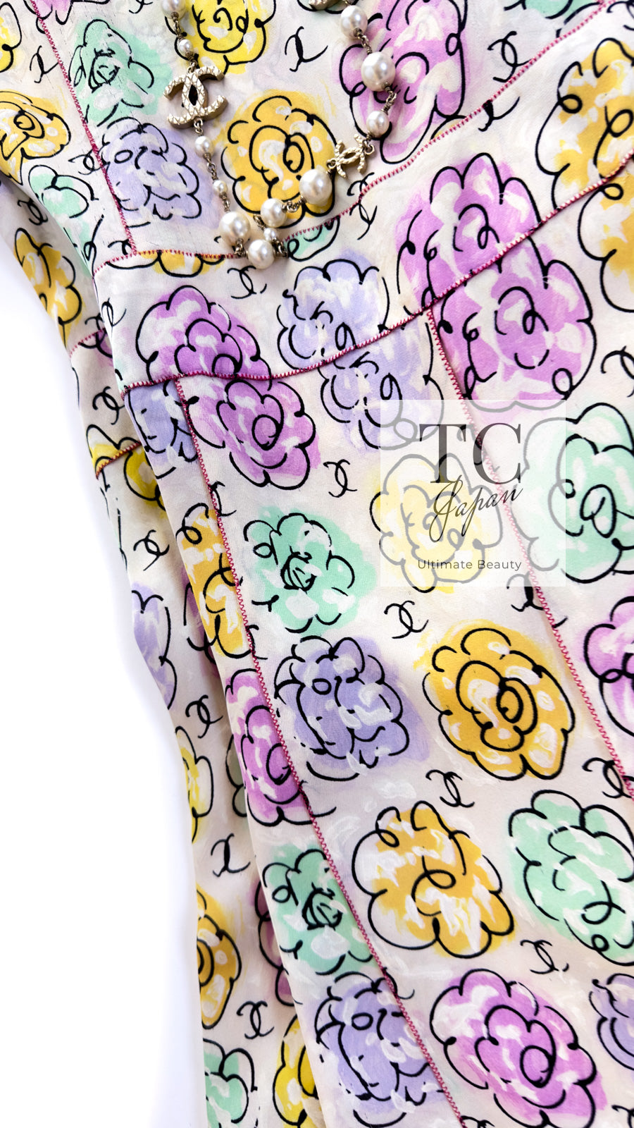 CHANEL 98S Vintage CC Logo Floral Pattern Ivory Silk 100% Dress 36 38 シャネル ヴィンテージ CCロゴ 花柄 アイボリー シルク100% ワンピース 即発