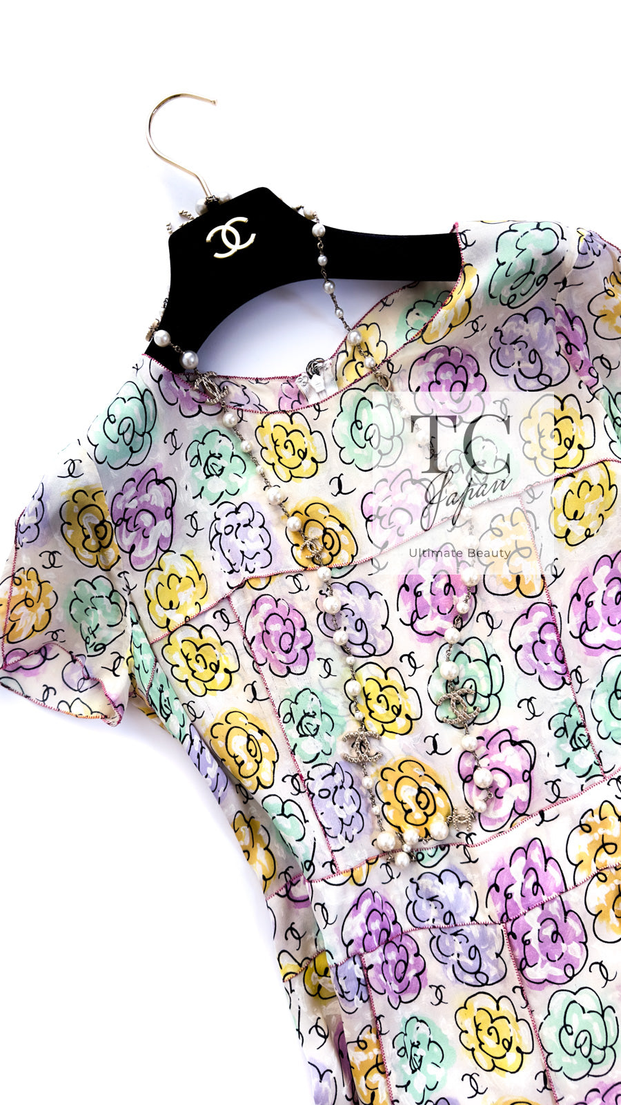 CHANEL 98S Vintage CC Logo Floral Pattern Ivory Silk 100% Dress 36 38 シャネル ヴィンテージ CCロゴ 花柄 アイボリー シルク100% ワンピース 即発