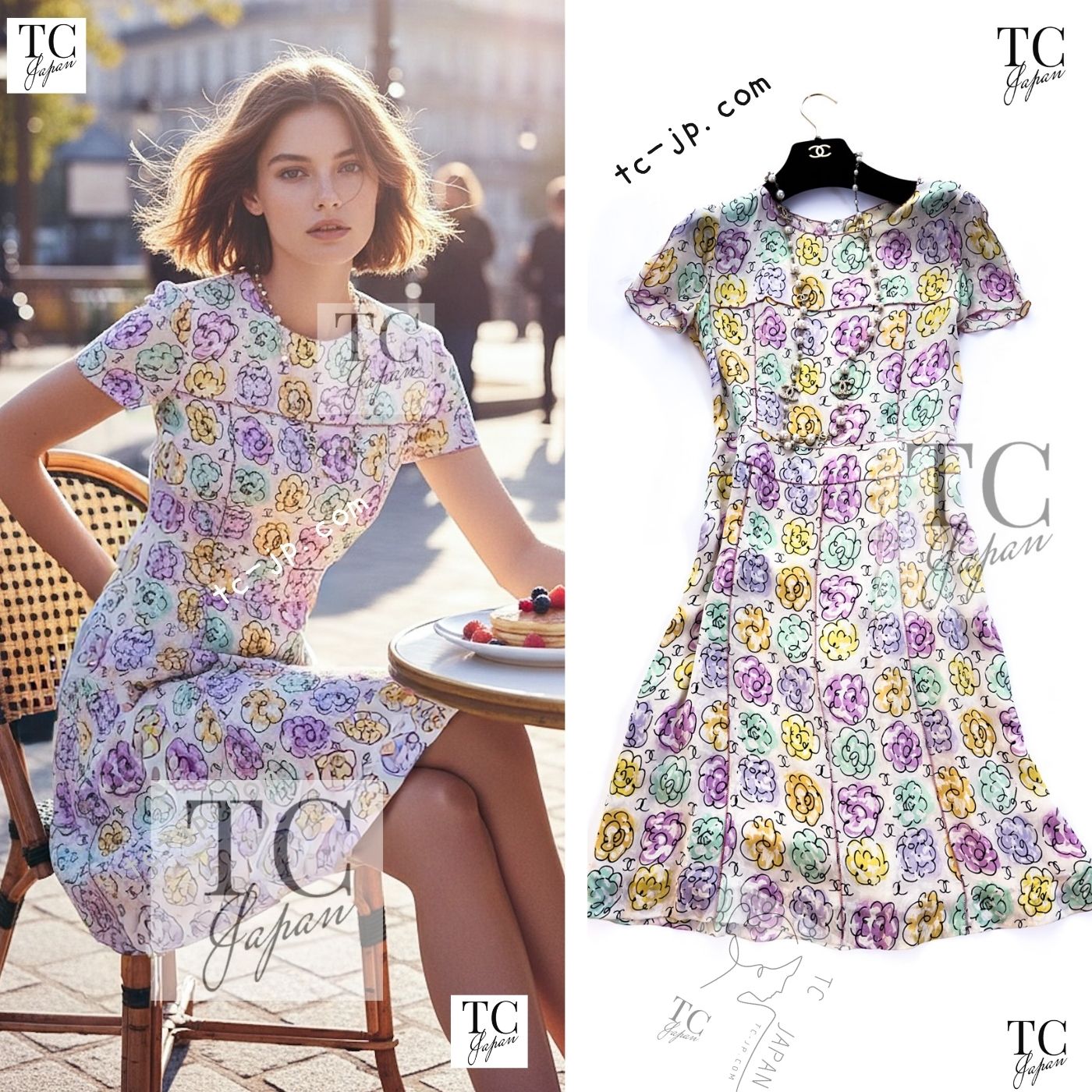 CHANEL 98S Vintage CC Logo Floral Pattern Ivory Silk 100% Dress 36 38 シャネル ヴィンテージ CCロゴ 花柄 アイボリー シルク100% ワンピース 即発