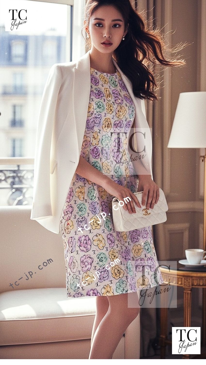 CHANEL 98S Vintage CC Logo Floral Pattern Ivory Silk 100% Dress 36 38 シャネル ヴィンテージ CCロゴ 花柄 アイボリー シルク100% ワンピース 即発