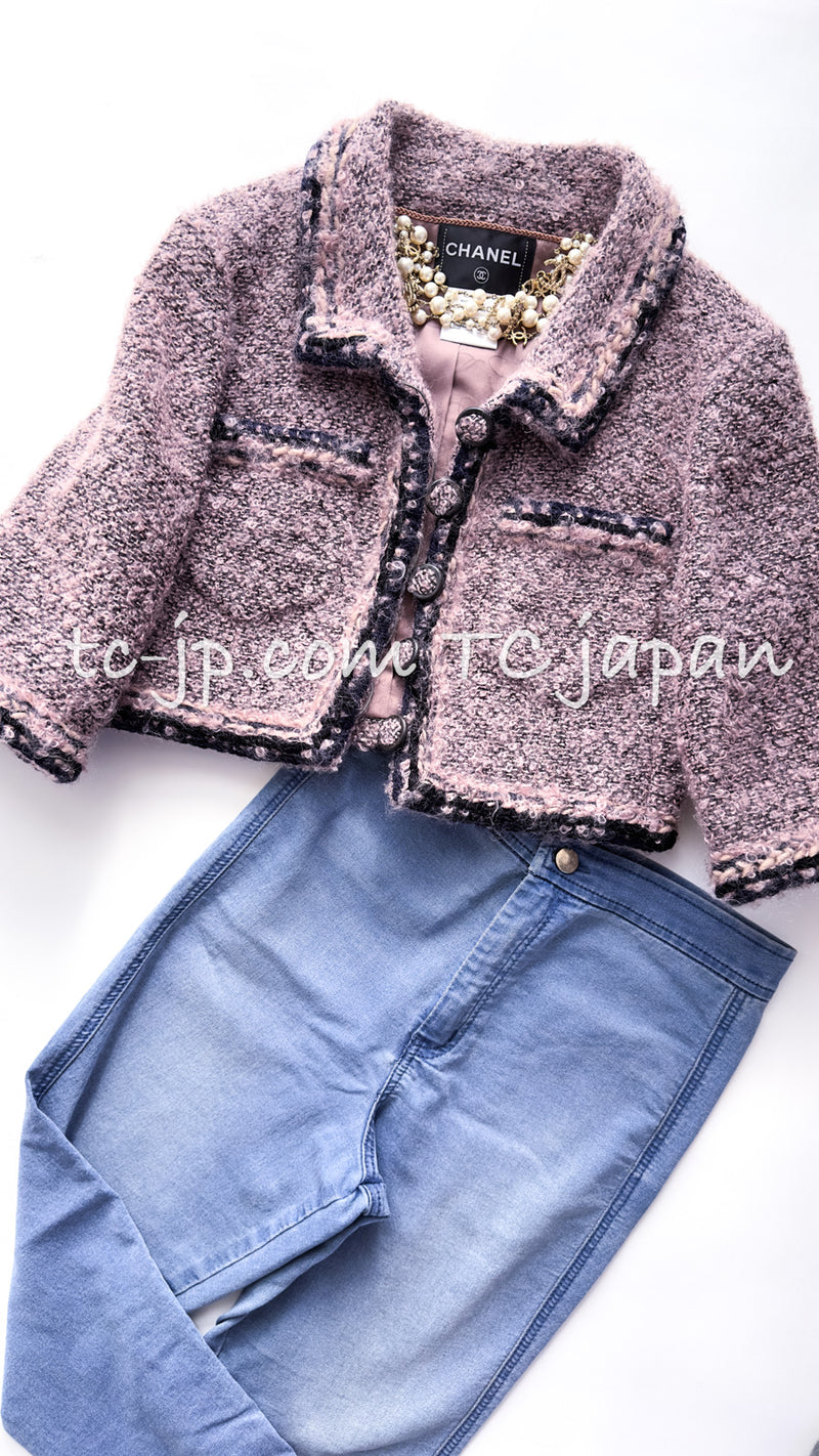 CHANEL 14B Lavender Moss Pink Mohair Poodle Tweed Cropped Jacket Skirt Suit 40 シャネル ラベンダー  モス ピンク モヘア コットン プードル ツイード クロップド ジャケット スカート スーツ 即発