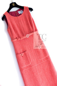 CHANEL 16A Coral Orange Red CC Logo Belt Tweed Sleeveless Dress 36 38 シャネル コーラル オレンジ レッド CCロゴ ベルト ノースリーブ ツイード ワンピース 即発