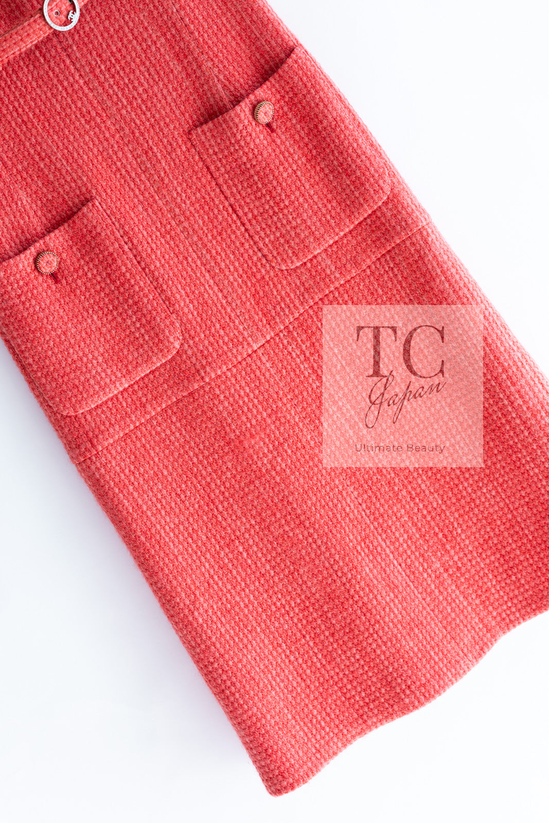 CHANEL 16A Coral Orange Red CC Logo Belt Tweed Sleeveless Dress 36 38 シャネル コーラル オレンジ レッド CCロゴ ベルト ノースリーブ ツイード ワンピース 即発