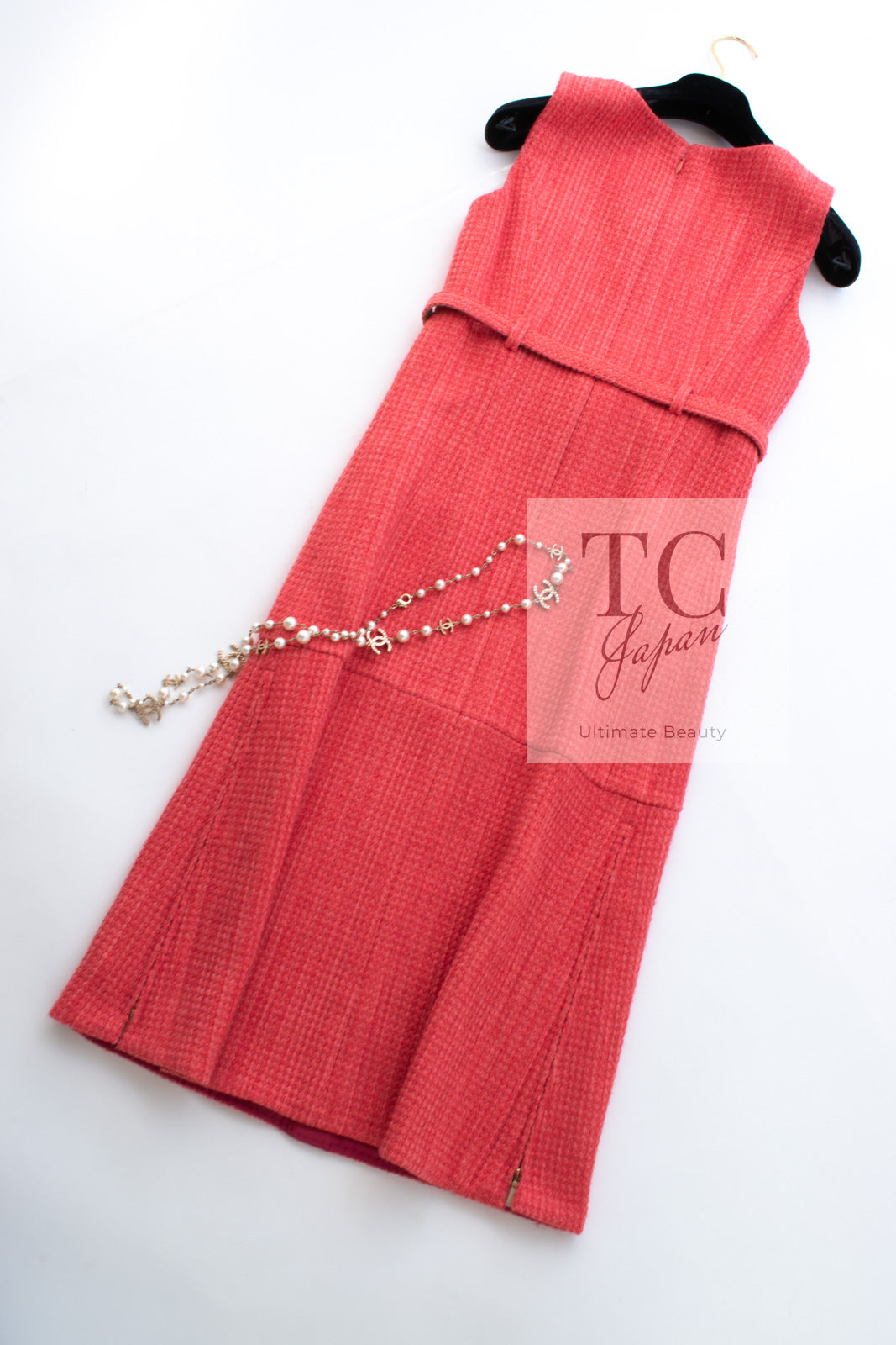 CHANEL 16A Coral Orange Red CC Logo Belt Tweed Sleeveless Dress 36 38 シャネル コーラル オレンジ レッド CCロゴ ベルト ノースリーブ ツイード ワンピース 即発
