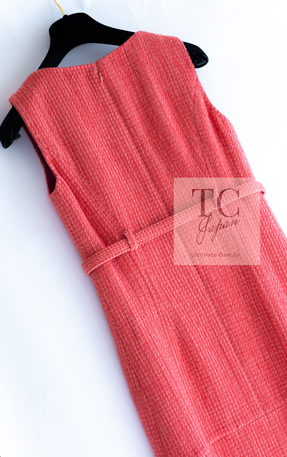 CHANEL 16A Coral Orange Red CC Logo Belt Tweed Sleeveless Dress 36 38 シャネル コーラル オレンジ レッド CCロゴ ベルト ノースリーブ ツイード ワンピース 即発