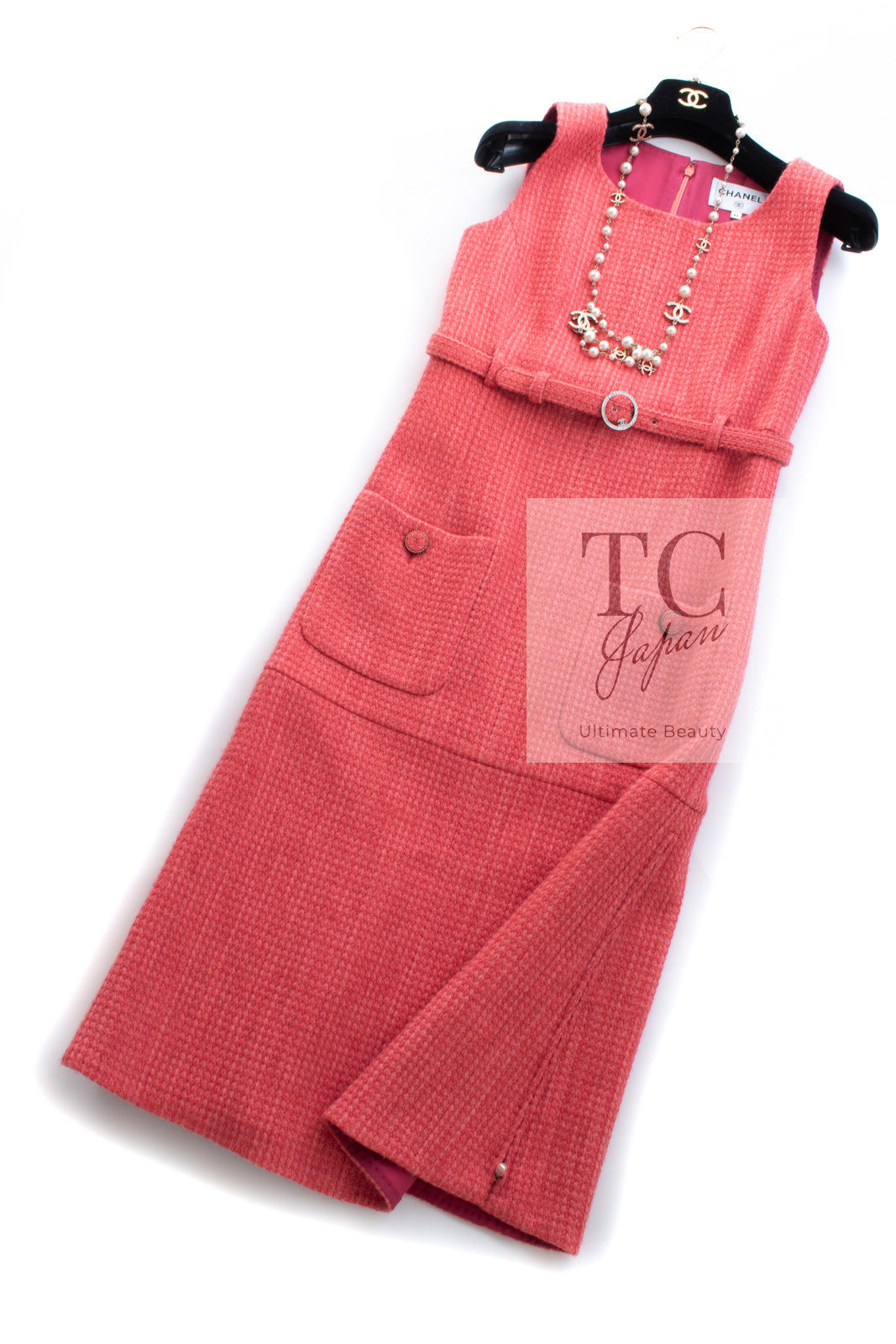 CHANEL 16A Coral Orange Red CC Logo Belt Tweed Sleeveless Dress 36 38 シャネル コーラル オレンジ レッド CCロゴ ベルト ノースリーブ ツイード ワンピース 即発