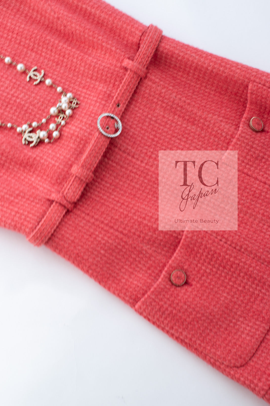 CHANEL 16A Coral Orange Red CC Logo Belt Tweed Sleeveless Dress 36 38 シャネル コーラル オレンジ レッド CCロゴ ベルト ノースリーブ ツイード ワンピース 即発