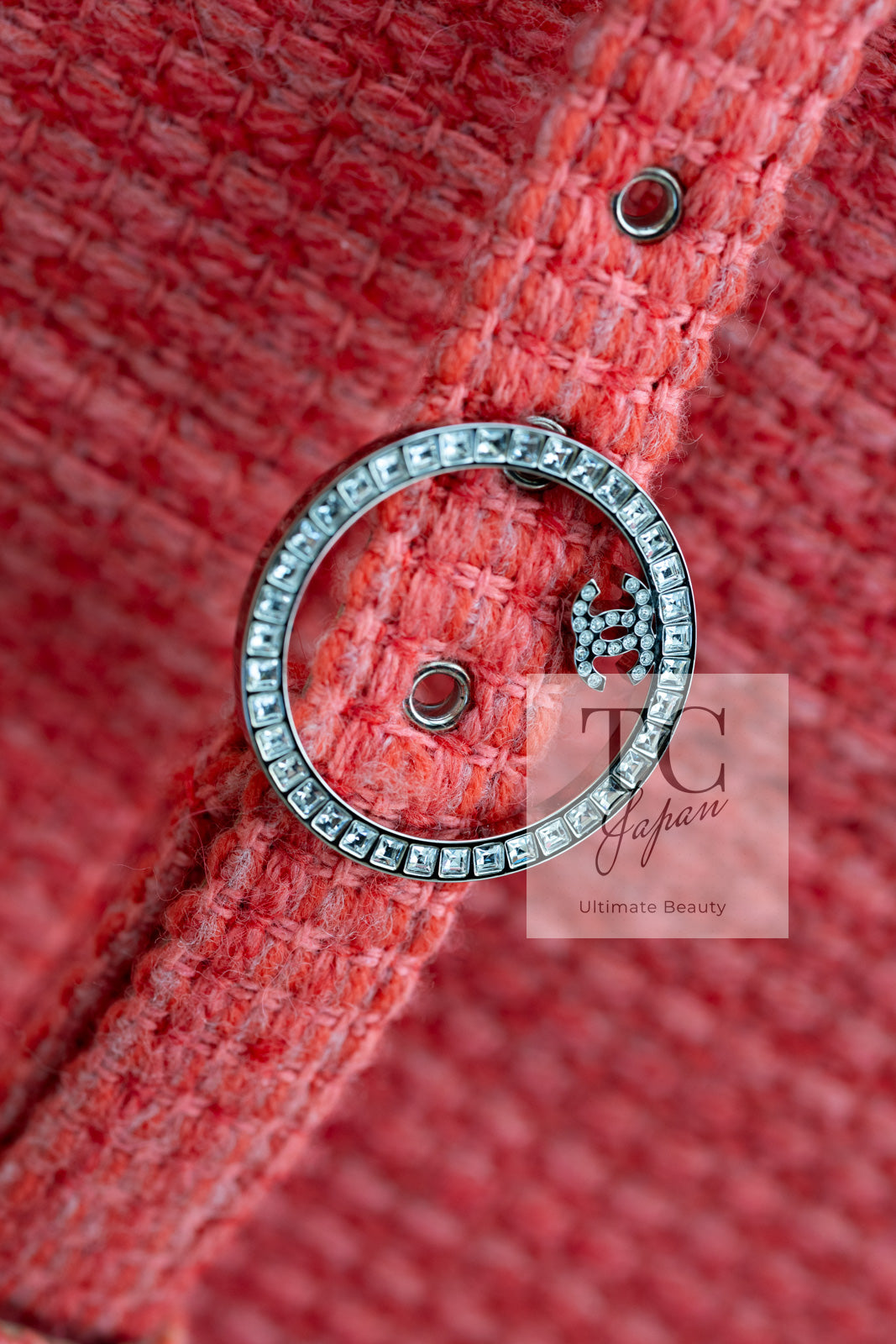 CHANEL 16A Coral Orange Red CC Logo Belt Tweed Sleeveless Dress 36 38 シャネル コーラル オレンジ レッド CCロゴ ベルト ノースリーブ ツイード ワンピース 即発