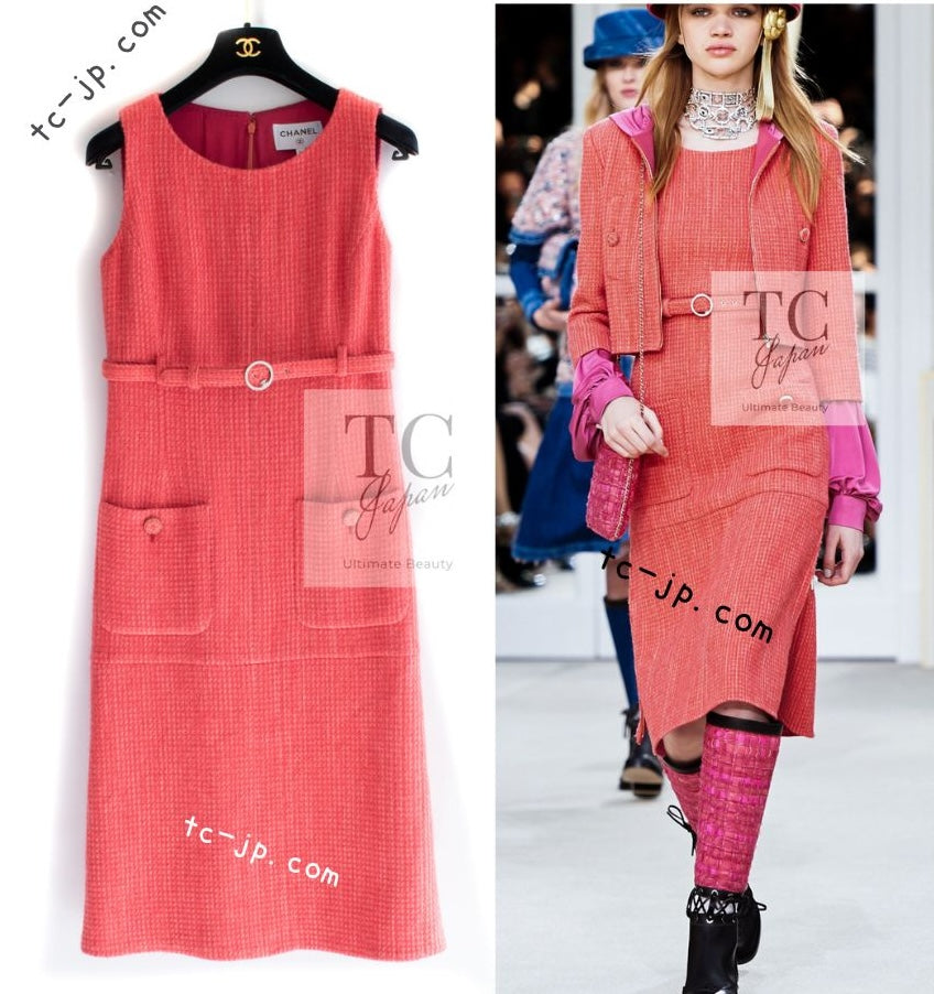 CHANEL 16A Coral Orange Red CC Logo Belt Tweed Sleeveless Dress 36 38 シャネル コーラル オレンジ レッド CCロゴ ベルト ノースリーブ ツイード ワンピース 即発