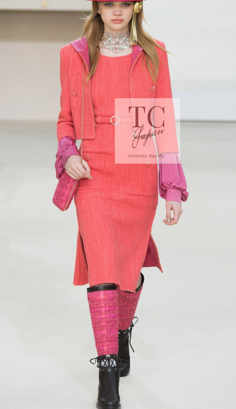 CHANEL 16A Coral Orange Red CC Logo Belt Tweed Sleeveless Dress 36 38 シャネル コーラル オレンジ レッド CCロゴ ベルト ノースリーブ ツイード ワンピース 即発