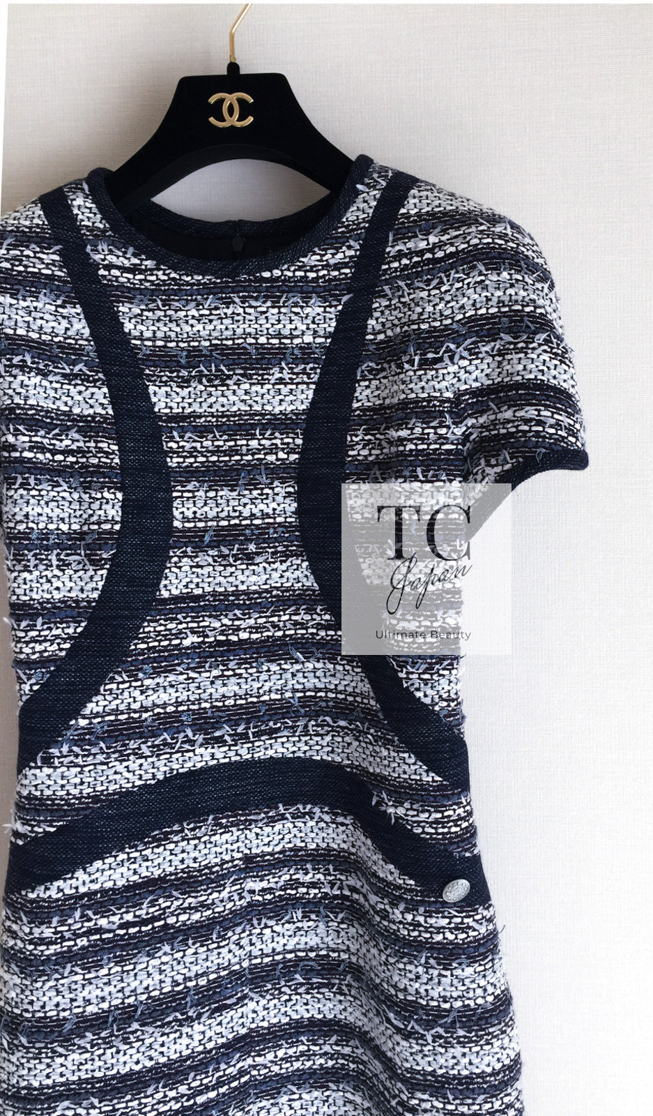 CHANEL シャネル コットン ツイード チェーン ワンピース ネイビー