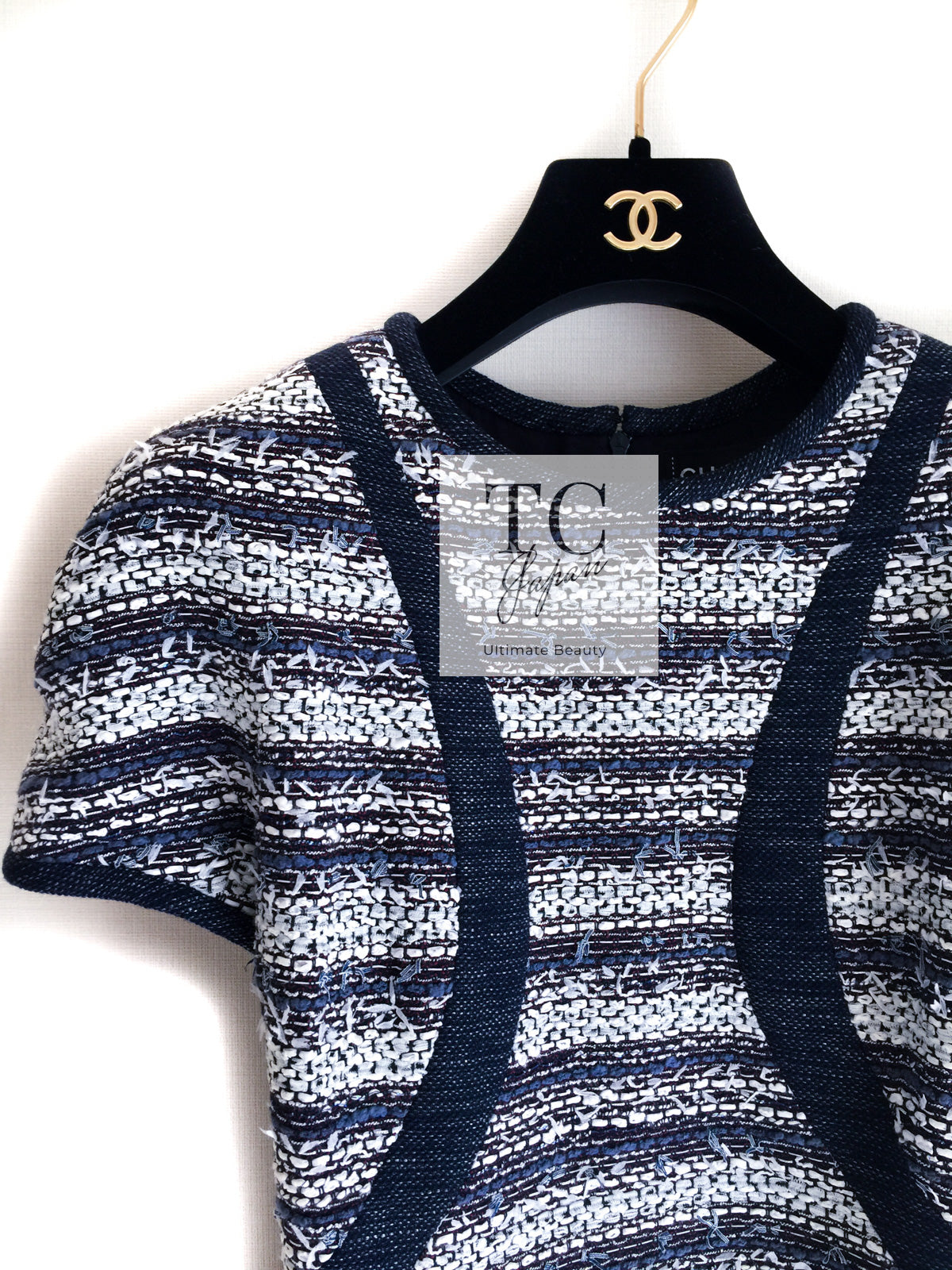 CHANEL 13S Navy White Stripe Cotton Tweed Dress 38 44 シャネル ネイビー ホワイト ストライプ柄  コットン ツイード ワンピース 即発