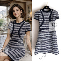 CHANEL 13S Navy White Stripe Cotton Tweed Dress 38 44 シャネル ネイビー ホワイト ストライプ柄 コットン ツイード ワンピース 即発