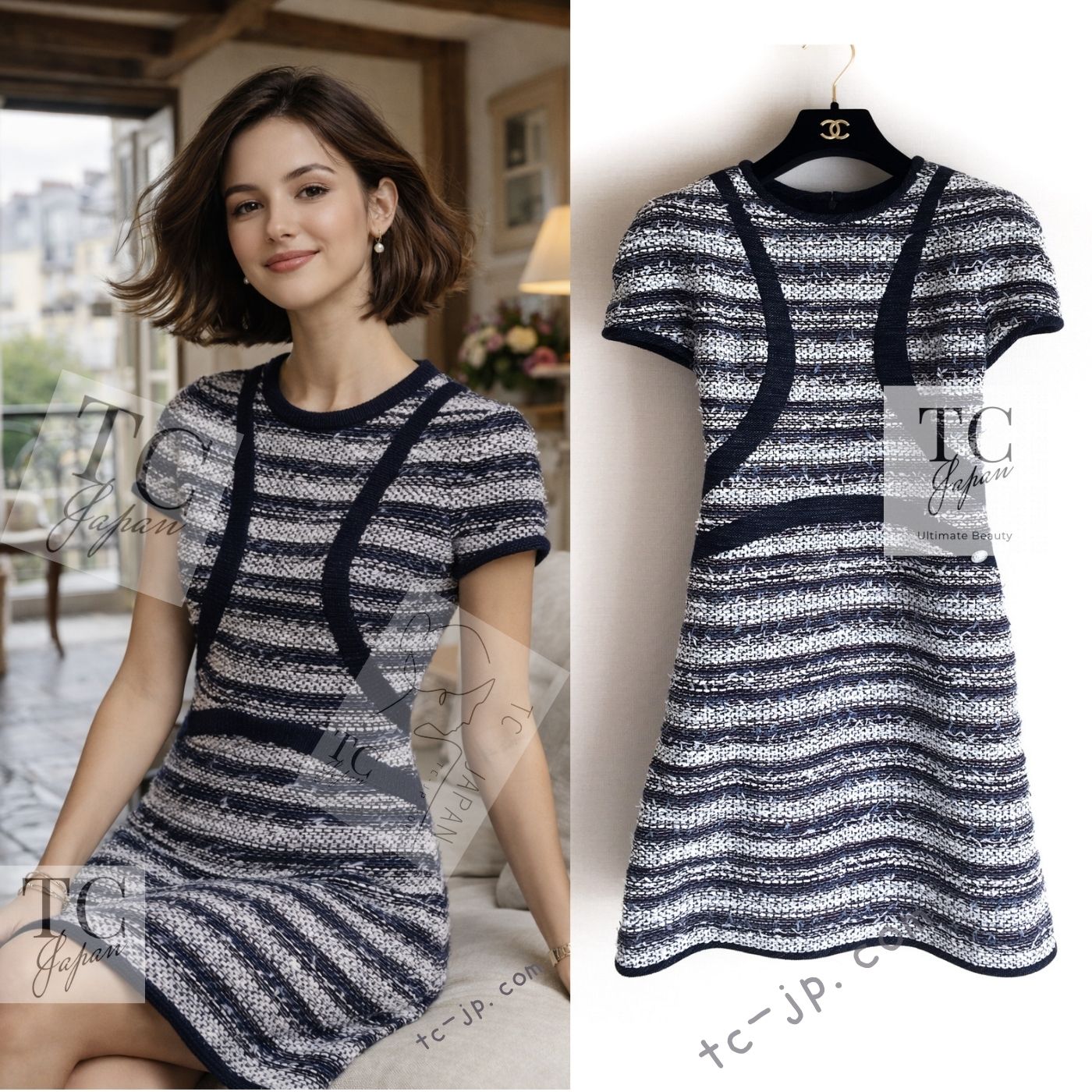 CHANEL 13S Navy White Stripe Cotton Tweed Dress 38 44 シャネル ネイビー ホワイト ストライプ柄 コットン ツイード ワンピース 即発