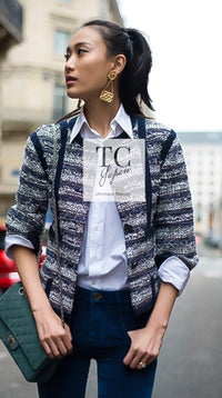 CHANEL 13S Navy White Gray Stripe Cotton Tweed Jacket 36 シャネル ネイビー ホワイト グレー ストライプ コットン ツイード ジャケット 即発