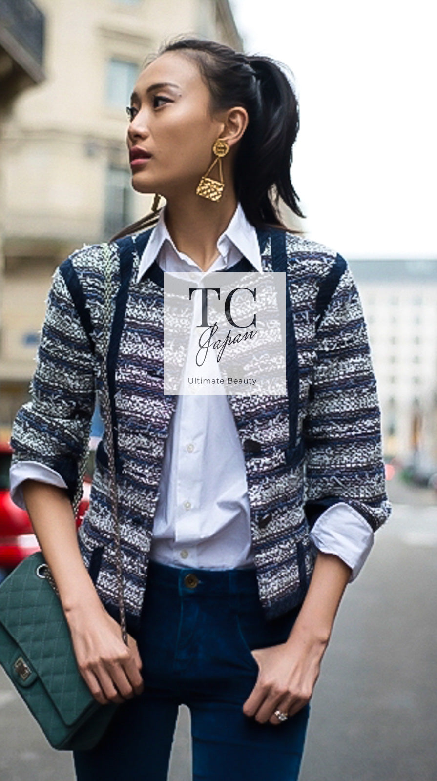 CHANEL 13S Navy White Gray Stripe Cotton Tweed Jacket 36 シャネル ネイビー ホワイト グレー ストライプ コットン ツイード ジャケット 即発