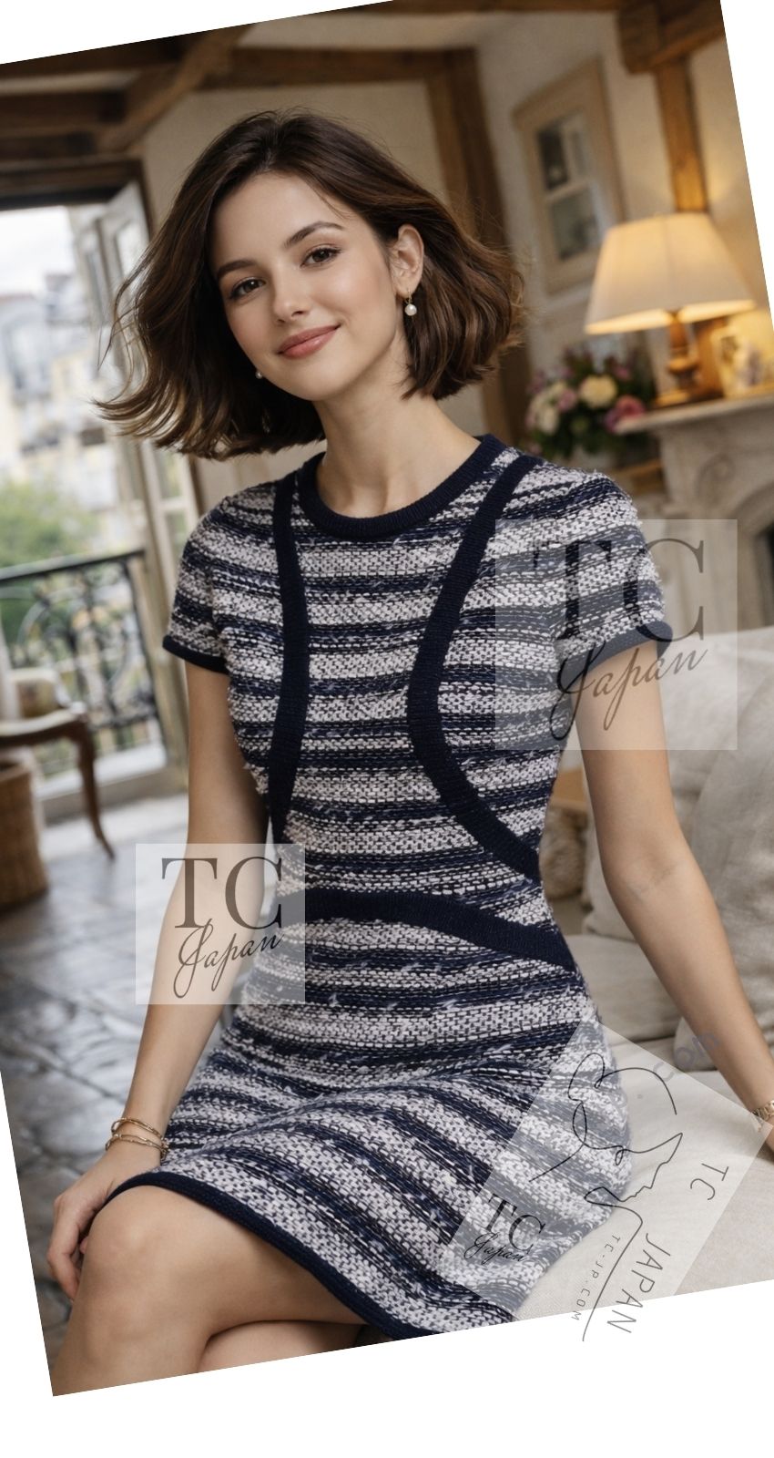 CHANEL 13S Navy White Stripe Cotton Tweed Dress 38 44 シャネル ネイビー ホワイト ストライプ柄 コットン ツイード ワンピース 即発