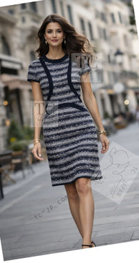CHANEL 13S Navy White Stripe Cotton Tweed Dress 38 44 シャネル ネイビー ホワイト ストライプ柄 コットン ツイード ワンピース 即発