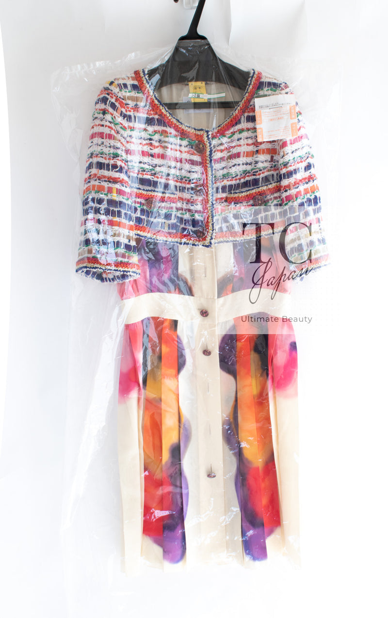 CHANEL 15S Ivory Multicolor Cotton Silk Tweed Pleated Dress B 36 38 シャネル アイボリー マルチカラー コットン ツイード ジャケット シルク プリーツ ワンピース ドレス B 即発