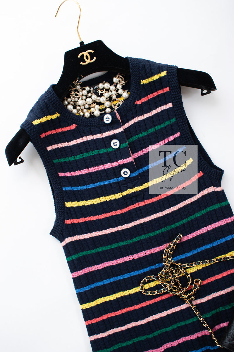 CHANEL 17PS Black Multicolor Striped Knit Dress 36 38 シャネル ブラック マルチカラー ニット ストライプ ワンピース 即発