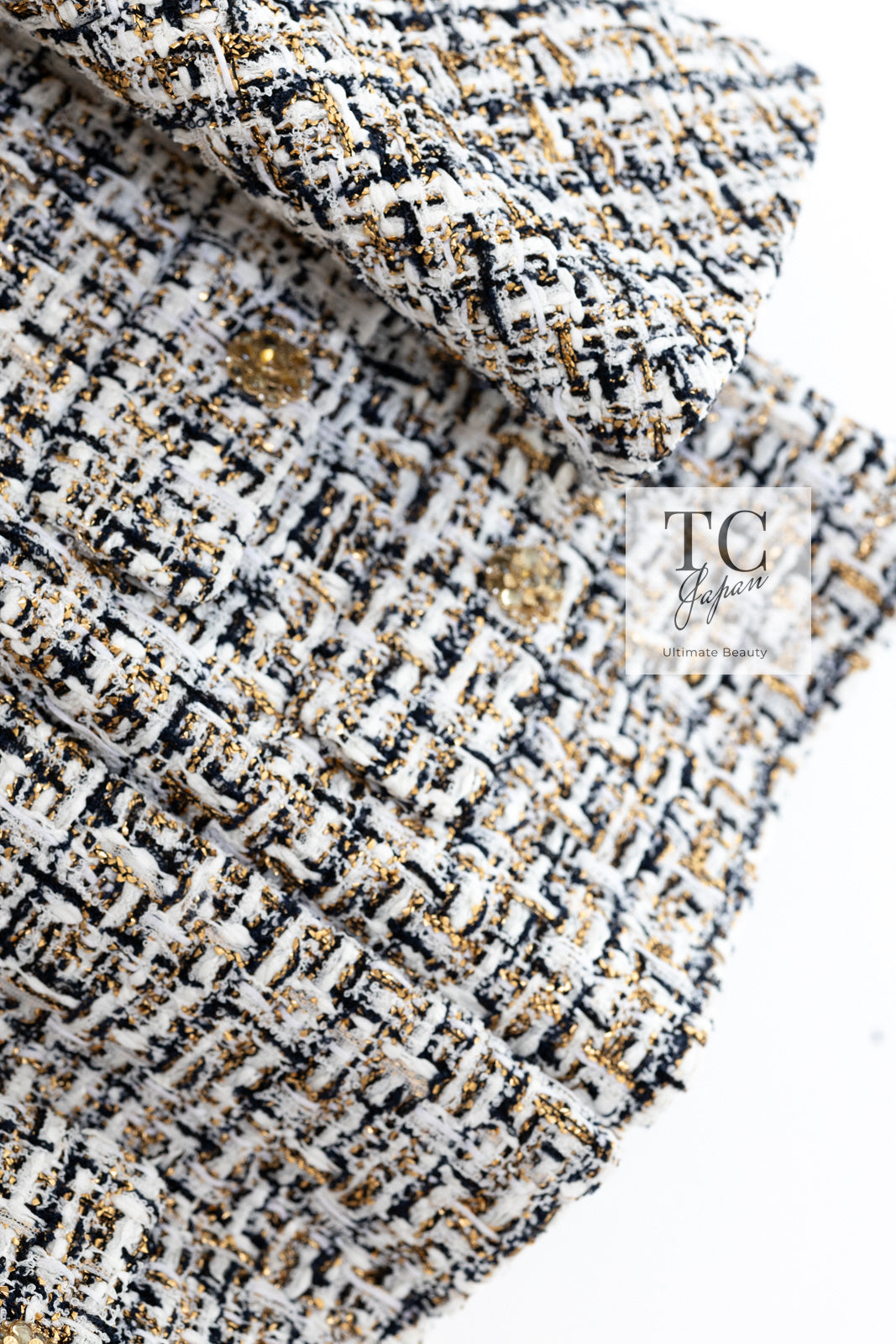 シャネル ジャケット CHANEL ホワイト ブラック ゴールドメタリック