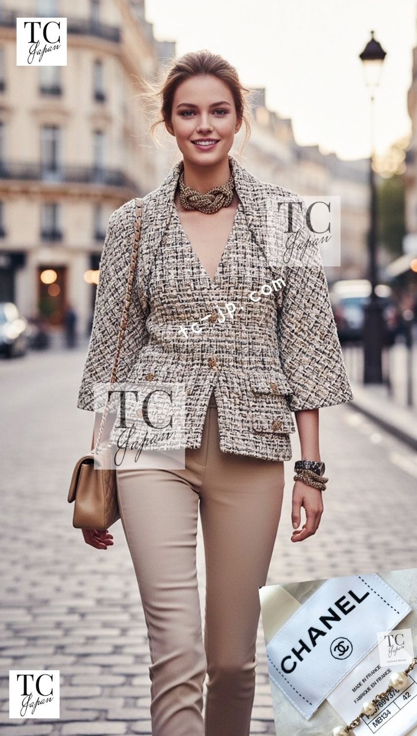 CHANEL 15C White Black Gold Metallic Gripoix Button Tweed Jacket 42 シャネル ホワイト ブラック ゴールドメタリック グリポワ宝石ボタン ツイード ジャケット 即発