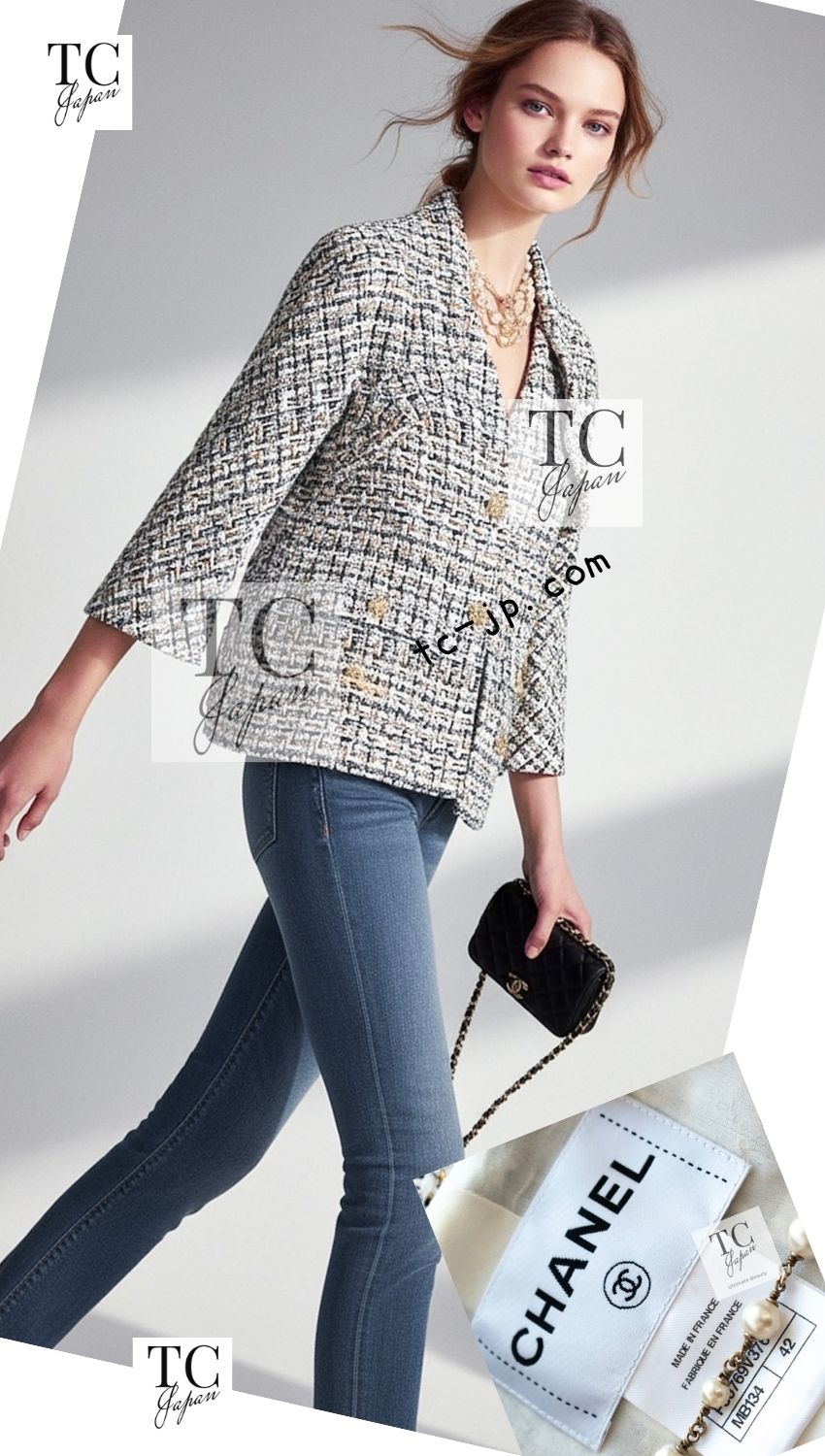 CHANEL 15C White Black Gold Metallic Gripoix Button Tweed Jacket 42 シャネル ホワイト ブラック ゴールドメタリック グリポワ宝石ボタン ツイード ジャケット 即発