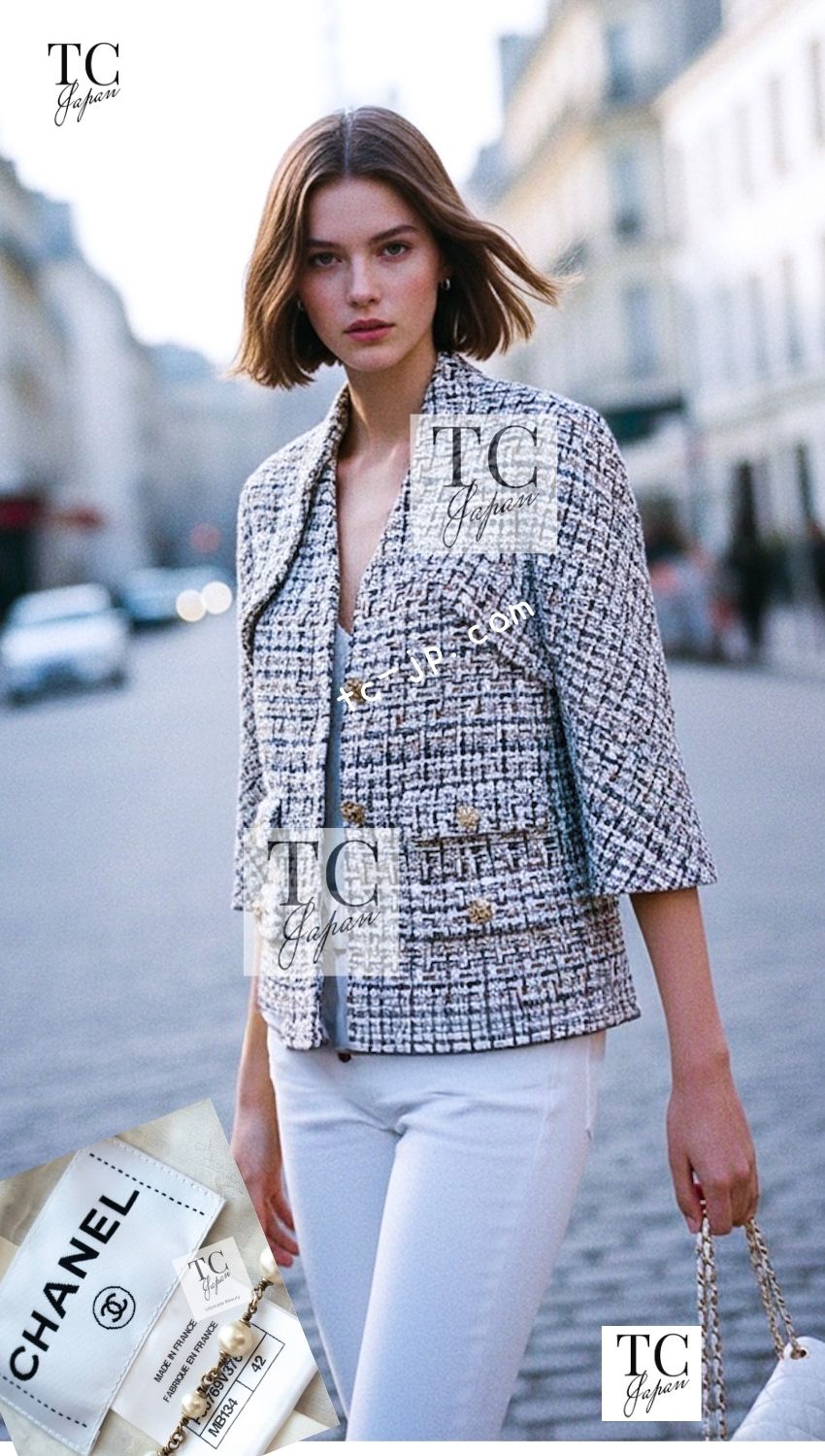 CHANEL 15C White Black Gold Metallic Gripoix Button Tweed Jacket 42 シャネル ホワイト ブラック ゴールドメタリック グリポワ宝石ボタン ツイード ジャケット 即発