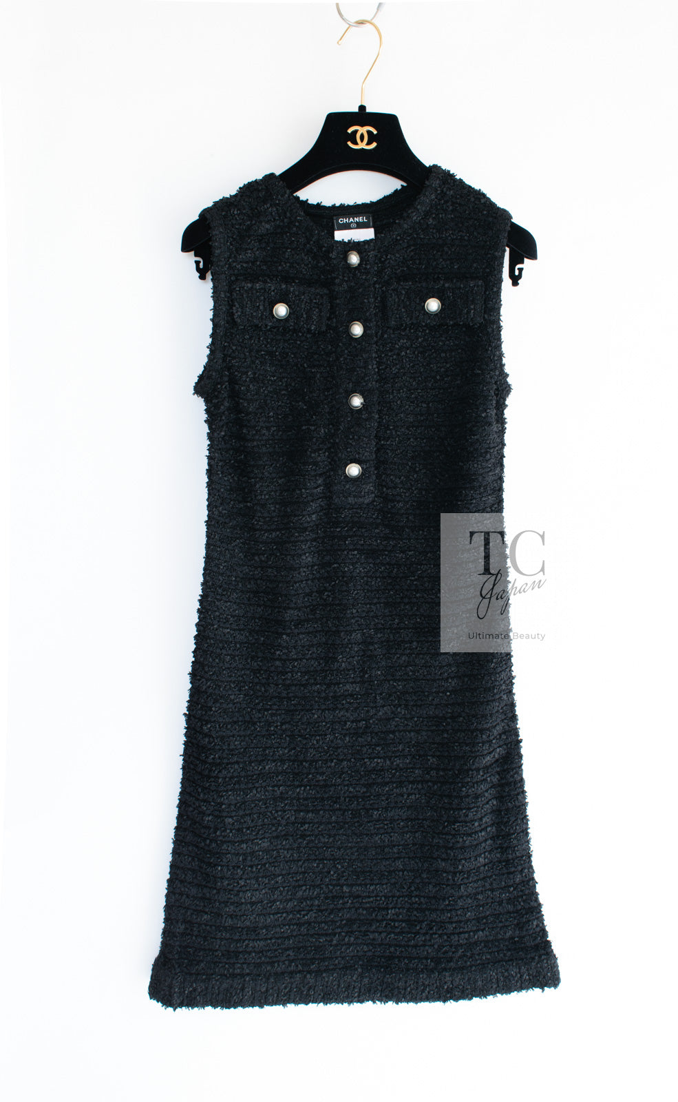 CHANEL 16PS Black Sleeveless CC Buttons Stretch Knit Dress 34 36 シャネル ブラック ストレッチ ノースリーブ CC ボタン ニット ワンピース 即発