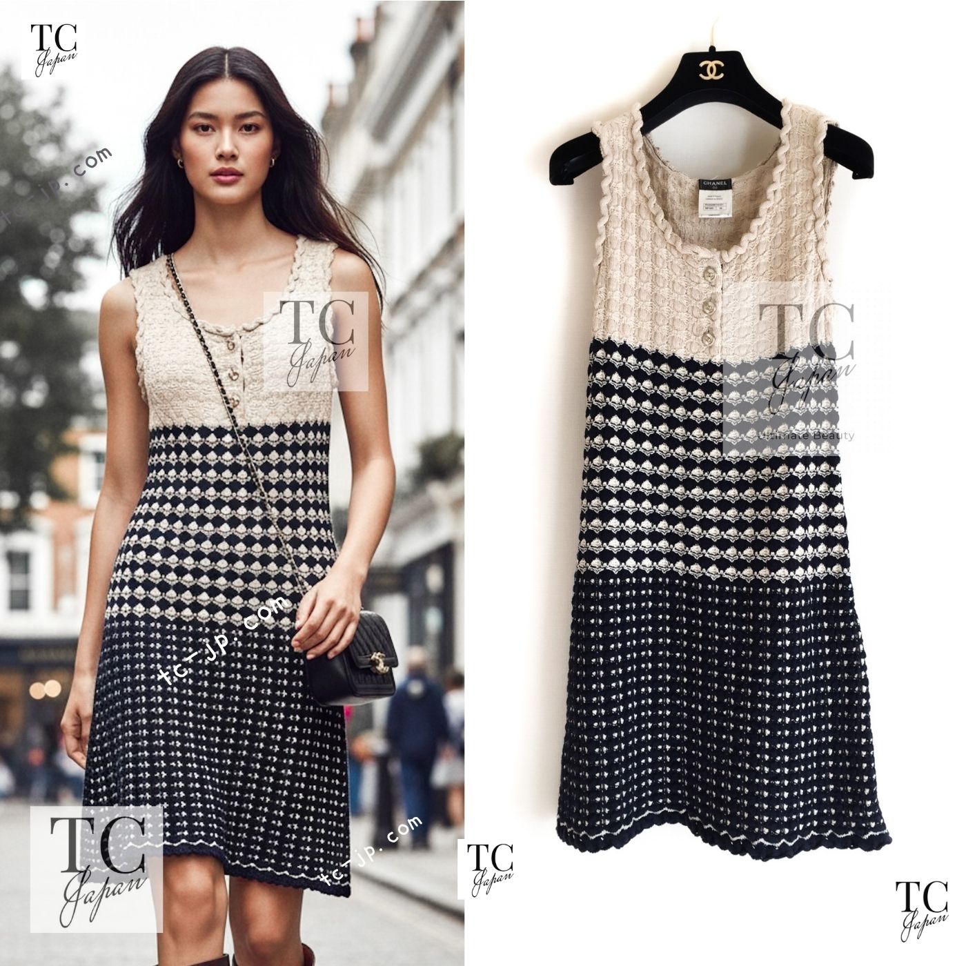 CHANEL 12S Beige Navy Mix Tweed Knit Dress 36 38 シャネル ベージュ ネイビー ミックス ツイード ニット ワンピース 即発