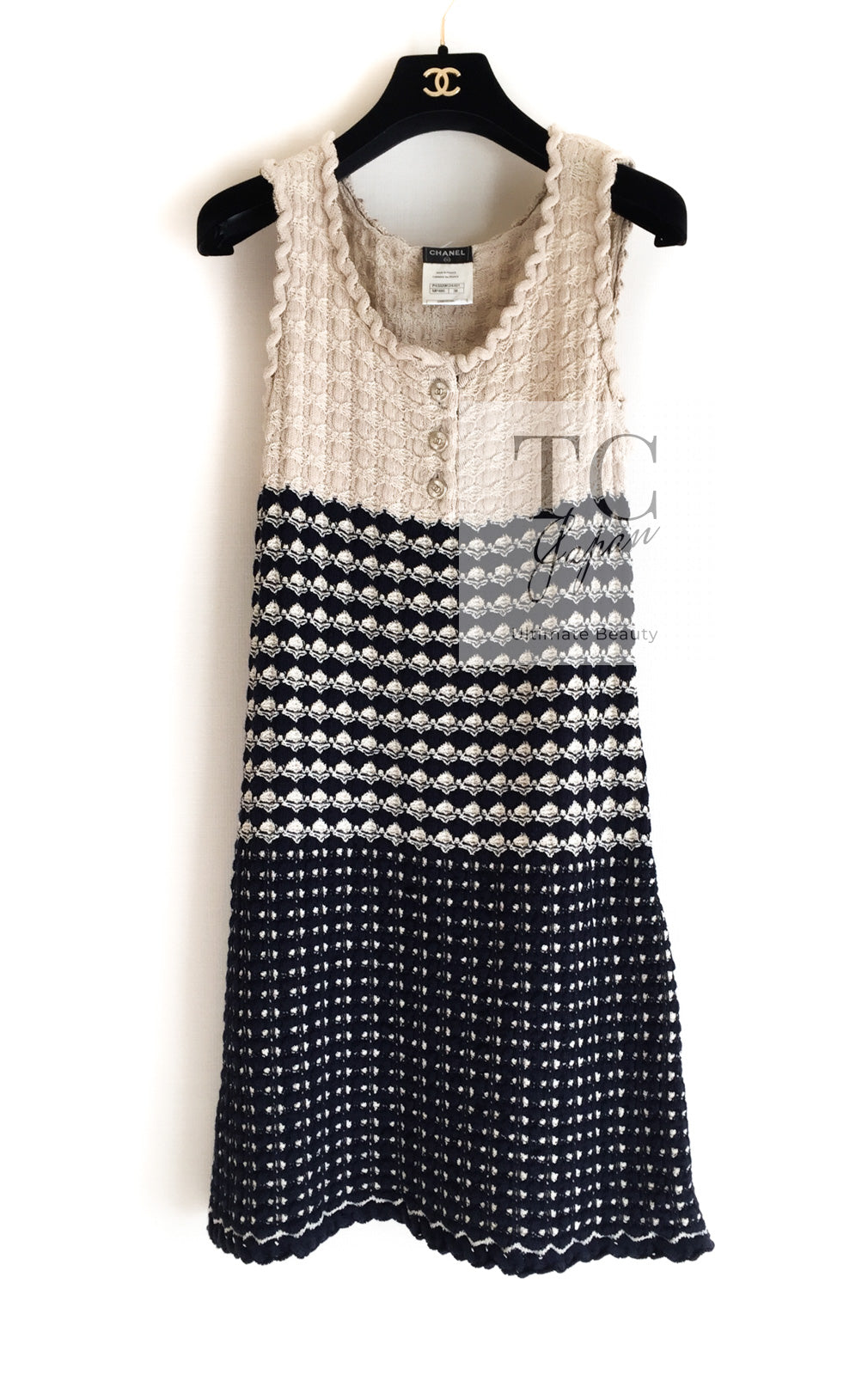 CHANEL 12S Beige Navy Mix Tweed Knit Dress 36 38 シャネル ベージュ ネイビー ミックス ツイード ニット ワンピース 即発