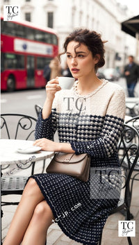CHANEL 12S Beige Navy Mix Tweed Knit Dress 36 38 シャネル ベージュ ネイビー ミックス ツイード ニット ワンピース 即発 - TC JAPAN