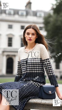 CHANEL 12S Beige Navy Mix Tweed Knit Dress 36 38 シャネル ベージュ ネイビー ミックス ツイード ニット ワンピース 即発 - TC JAPAN