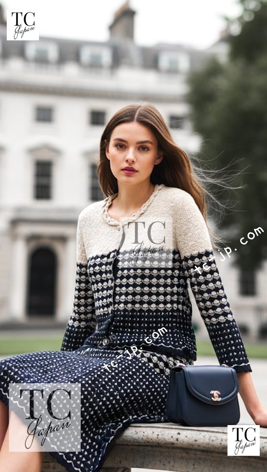 CHANEL 12S Beige Navy Mix Tweed Knit Dress 36 38 シャネル ベージュ ネイビー ミックス ツイード ニット ワンピース 即発 - TC JAPAN