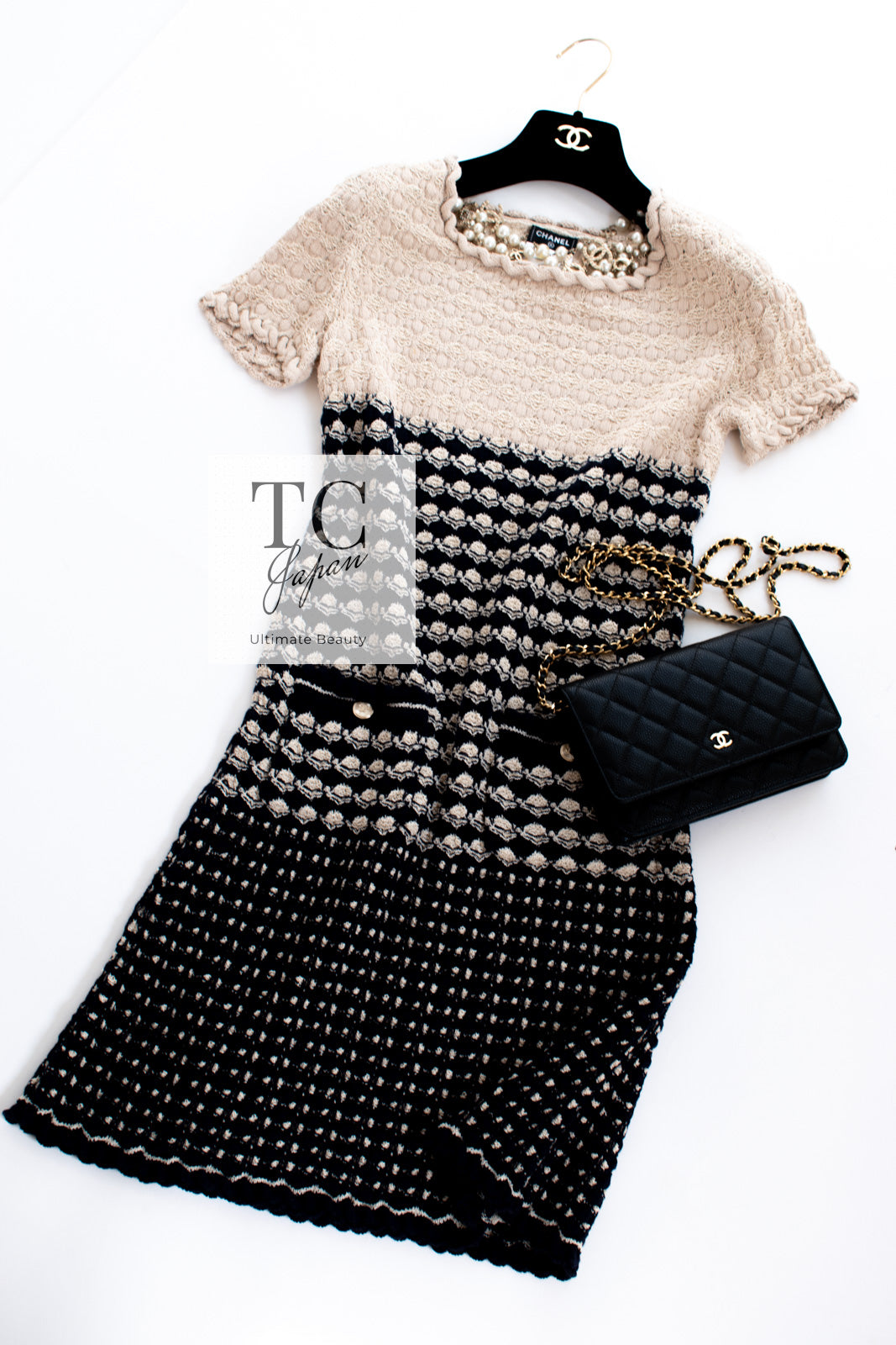 CHANEL 12S Beige Navy Mix Short Sleeve Knit Dress 34 シャネル ベージュ ネイビー ミックス 半袖  ニット ワンピース 即発