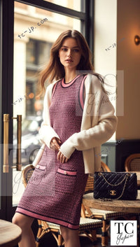 CHANEL 23B Pink Dark Purple Cashmere Knit Dress 38 シャネル ピンク ダークパープル ココボタン カシミヤ ニット ワンピース 即発
