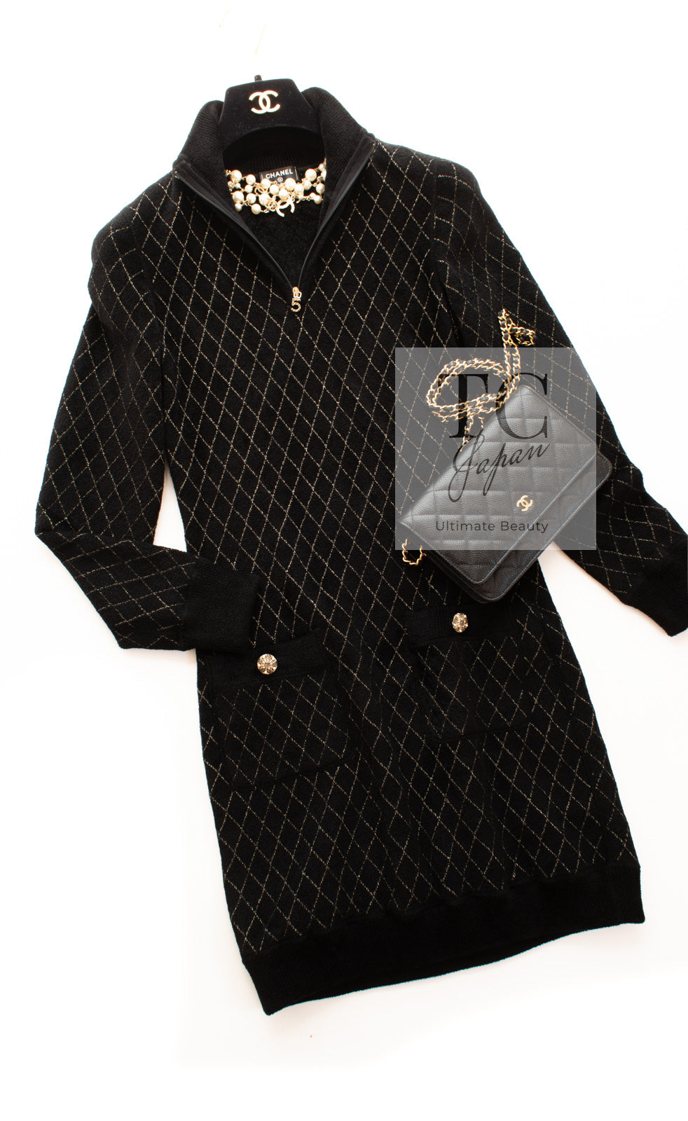 シャネル ワンピース CHANEL ブラック ゴールド No.5 ロゴ ジッパー