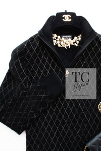 CHANEL 19B Black Gold No.5 Logo Zipper Velour Knit Stretch Dress 34 シャネル ブラック ゴールド No.5 ロゴ ジッパー ベロア ニット ストレッチ ワンピース 即発