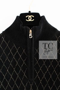 CHANEL 19B Black Gold No.5 Logo Zipper Velour Knit Stretch Dress 34 シャネル ブラック ゴールド No.5 ロゴ ジッパー ベロア ニット ストレッチ ワンピース 即発