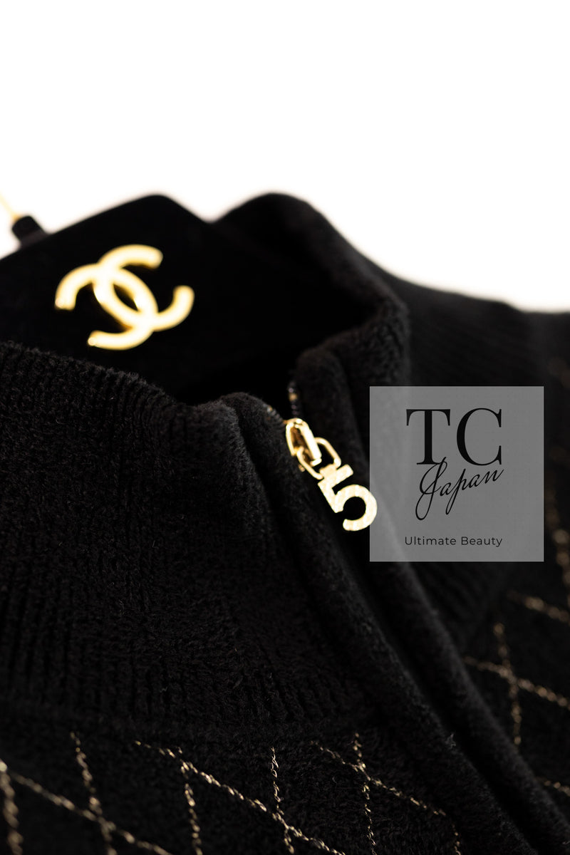 CHANEL 19B Black Gold No.5 Logo Zipper Velour Knit Stretch Dress 34 シャネル ブラック ゴールド No.5 ロゴ ジッパー ベロア ニット ストレッチ ワンピース 即発