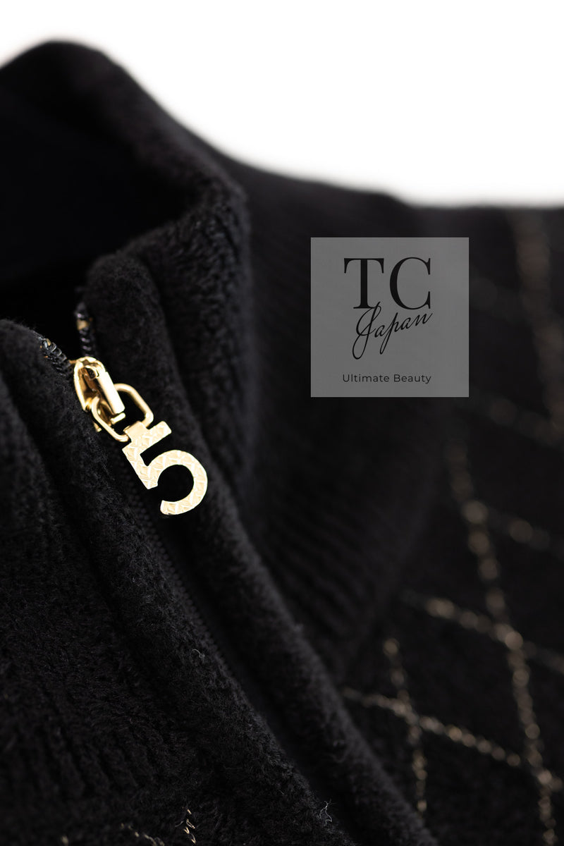 CHANEL 19B Black Gold No.5 Logo Zipper Velour Knit Stretch Dress 34 シャネル ブラック ゴールド No.5 ロゴ ジッパー ベロア ニット ストレッチ ワンピース 即発