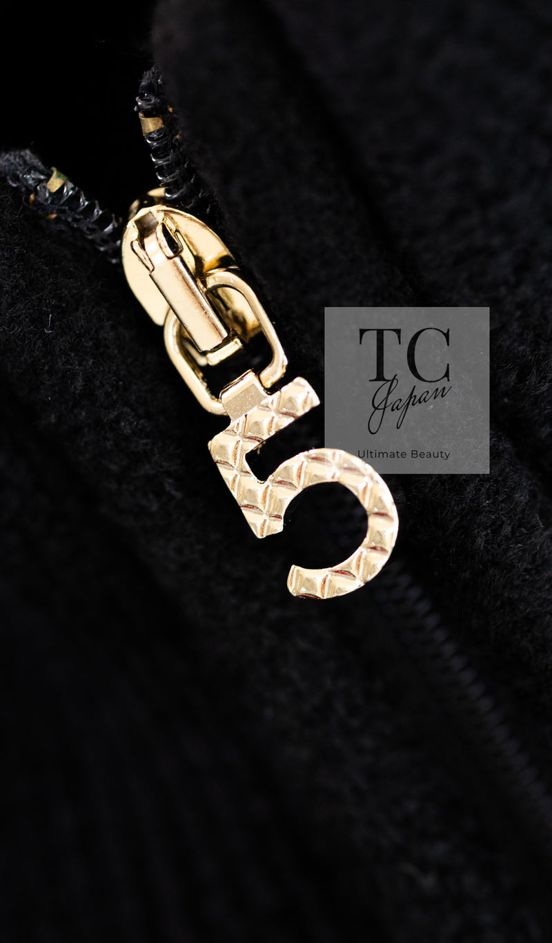 CHANEL 19B Black Gold No.5 Logo Zipper Velour Knit Stretch Dress 34 シャネル ブラック ゴールド No.5 ロゴ ジッパー ベロア ニット ストレッチ ワンピース 即発