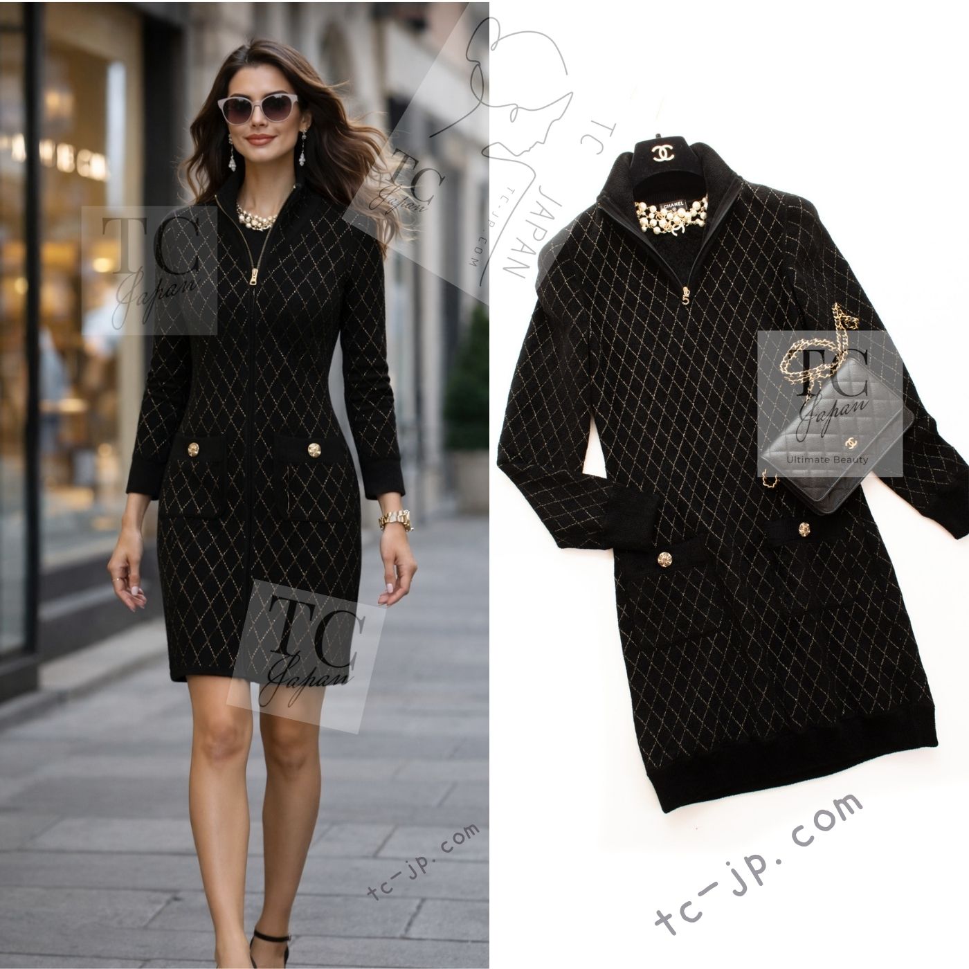 CHANEL 19B Black Gold No.5 Logo Zipper Velour Knit Stretch Dress 34 シャネル ブラック ゴールド No.5 ロゴ ジッパー ベロア ニット ストレッチ ワンピース 即発