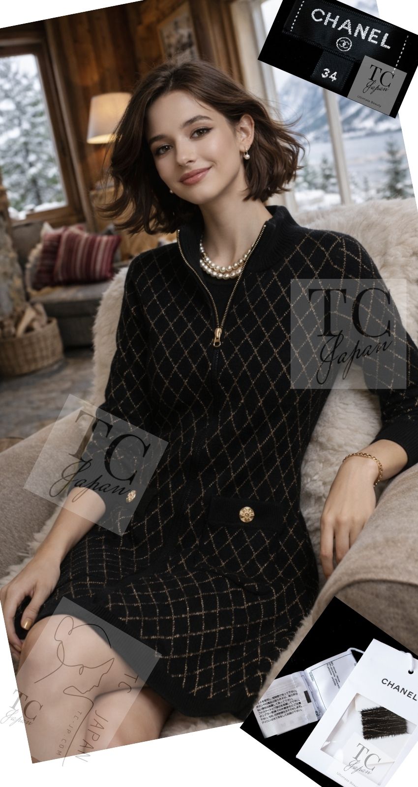 CHANEL 19B Black Gold No.5 Logo Zipper Velour Knit Stretch Dress 34 シャネル ブラック ゴールド No.5 ロゴ ジッパー ベロア ニット ストレッチ ワンピース 即発