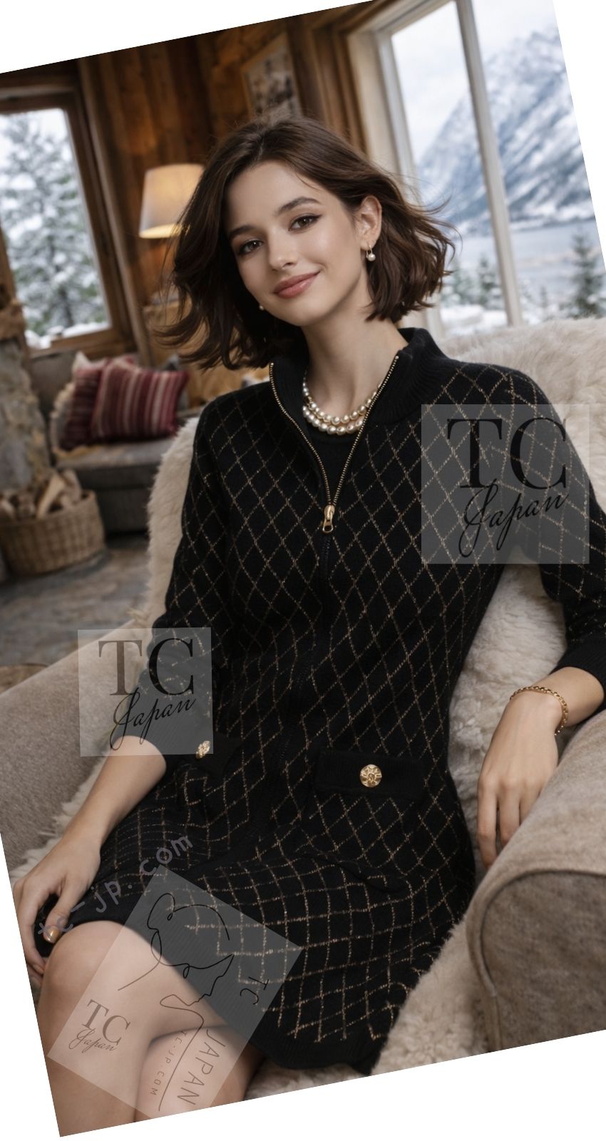 CHANEL 19B Black Gold No.5 Logo Zipper Velour Knit Stretch Dress 34 シャネル ブラック ゴールド No.5 ロゴ ジッパー ベロア ニット ストレッチ ワンピース 即発