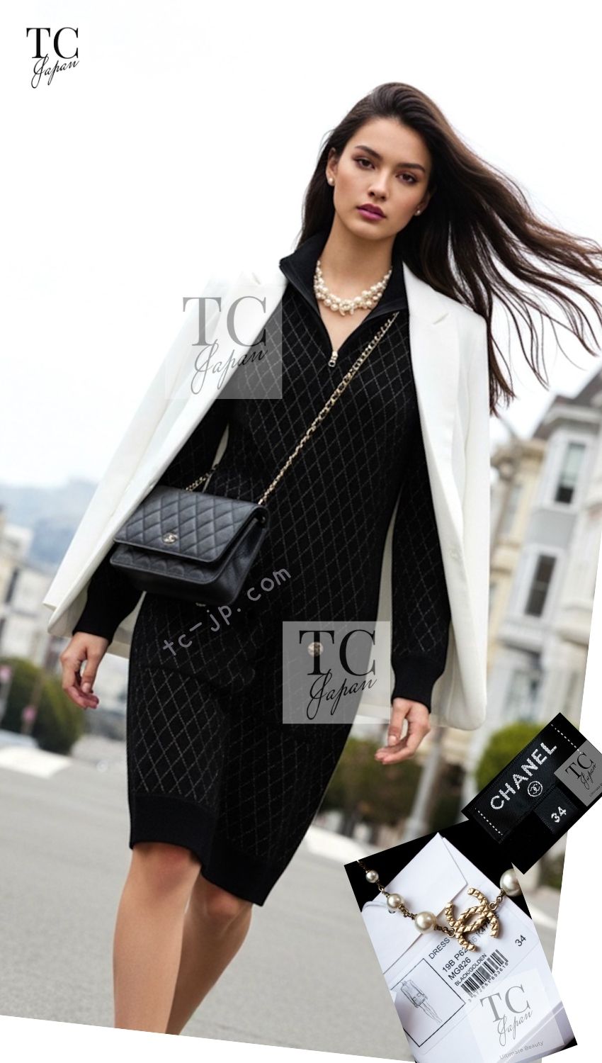 CHANEL 19B Black Gold No.5 Logo Zipper Velour Knit Stretch Dress 34 シャネル ブラック ゴールド No.5 ロゴ ジッパー ベロア ニット ストレッチ ワンピース 即発