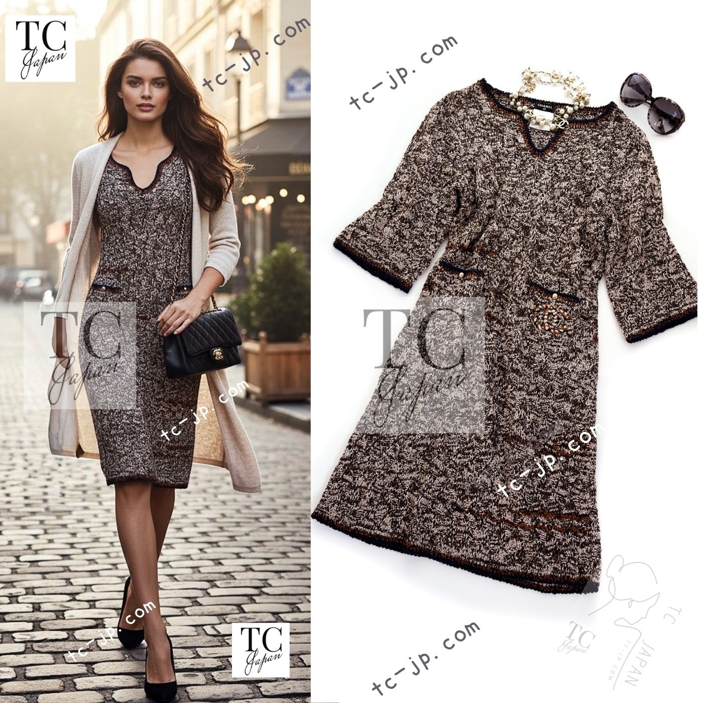 CHANEL 11S Brown Orange Navy CC Logo Knit Dress 34 38 シャネル ブラウン オレンジ CC ロゴ ニット ワンピース 即発